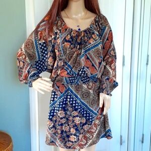 City Studio Sz L Boho Artisanal Earthy drapey wide elastic waist mini dress